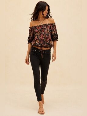 Boho Paisley Peasant Top L Off Shoulder Crochet Trim Festival Blouse